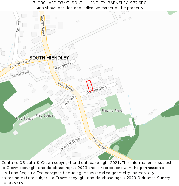 7, ORCHARD DRIVE, SOUTH HIENDLEY, BARNSLEY, S72 9BQ: Location map and indicative extent of plot