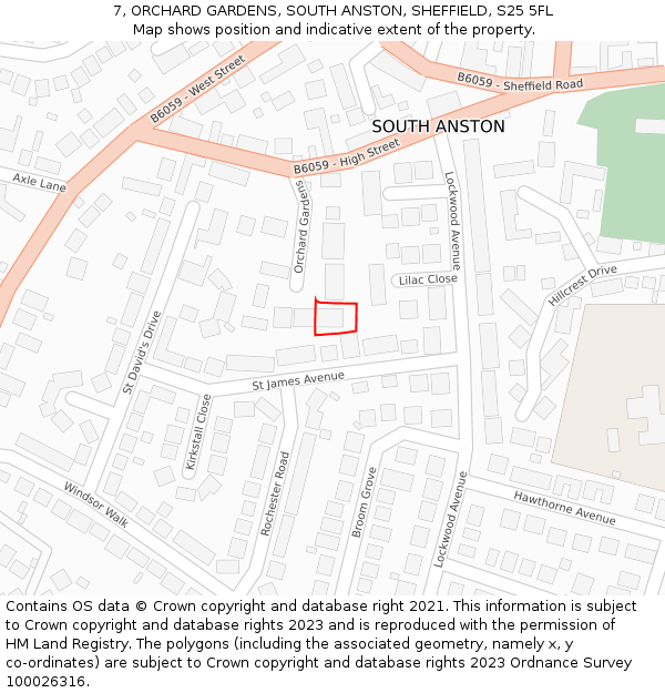 7, ORCHARD GARDENS, SOUTH ANSTON, SHEFFIELD, S25 5FL: Location map and indicative extent of plot