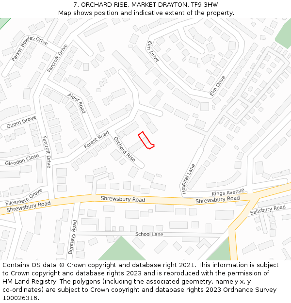 7, ORCHARD RISE, MARKET DRAYTON, TF9 3HW: Location map and indicative extent of plot