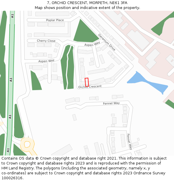 7, ORCHID CRESCENT, MORPETH, NE61 3FA: Location map and indicative extent of plot