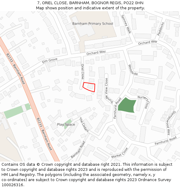 7, ORIEL CLOSE, BARNHAM, BOGNOR REGIS, PO22 0HN: Location map and indicative extent of plot