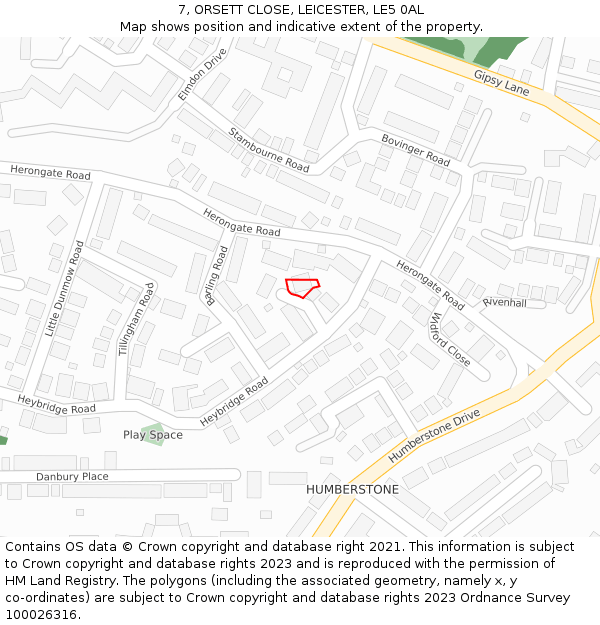 7, ORSETT CLOSE, LEICESTER, LE5 0AL: Location map and indicative extent of plot