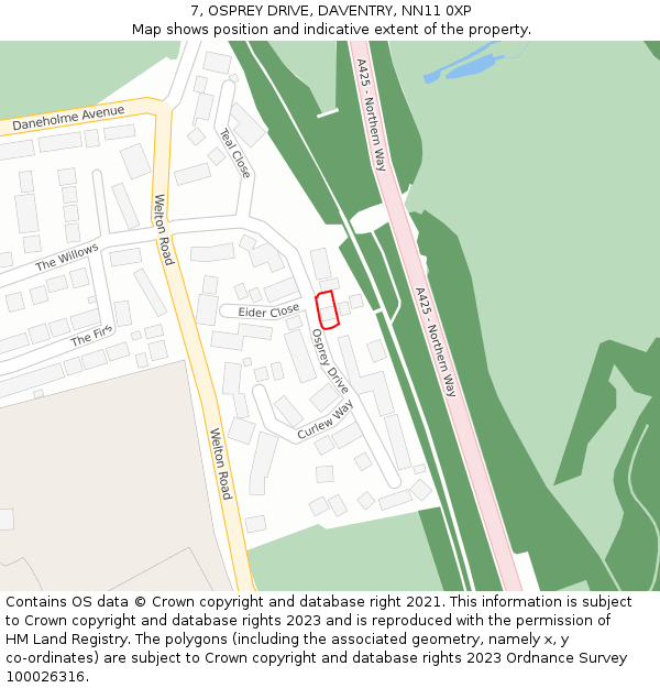 7, OSPREY DRIVE, DAVENTRY, NN11 0XP: Location map and indicative extent of plot
