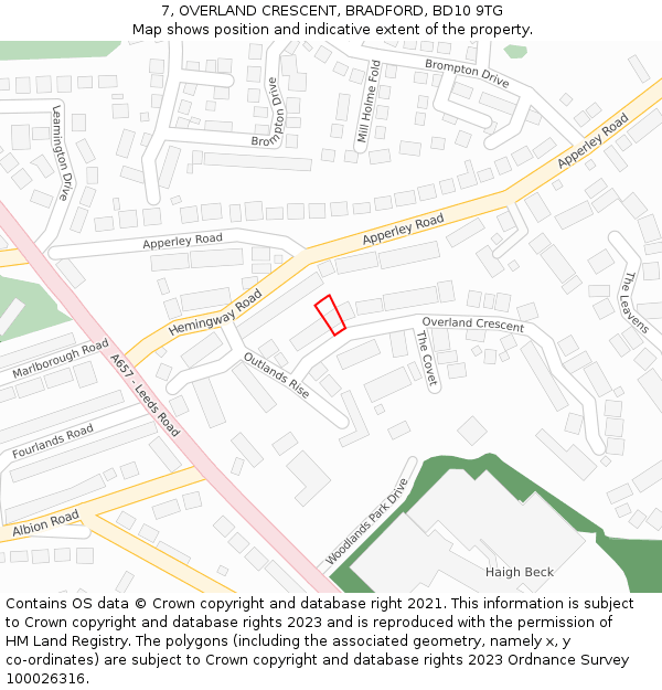 7, OVERLAND CRESCENT, BRADFORD, BD10 9TG: Location map and indicative extent of plot