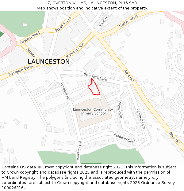 7, OVERTON VILLAS, LAUNCESTON, PL15 9AR: Location map and indicative extent of plot