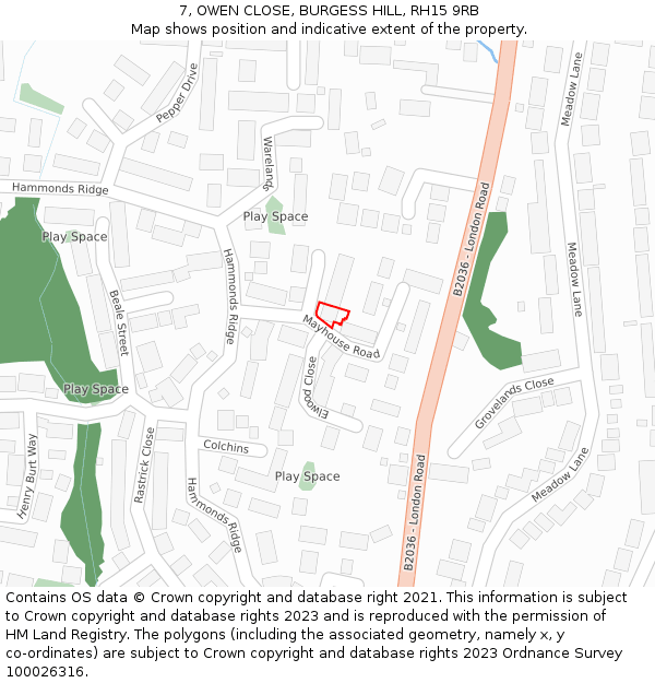 7, OWEN CLOSE, BURGESS HILL, RH15 9RB: Location map and indicative extent of plot