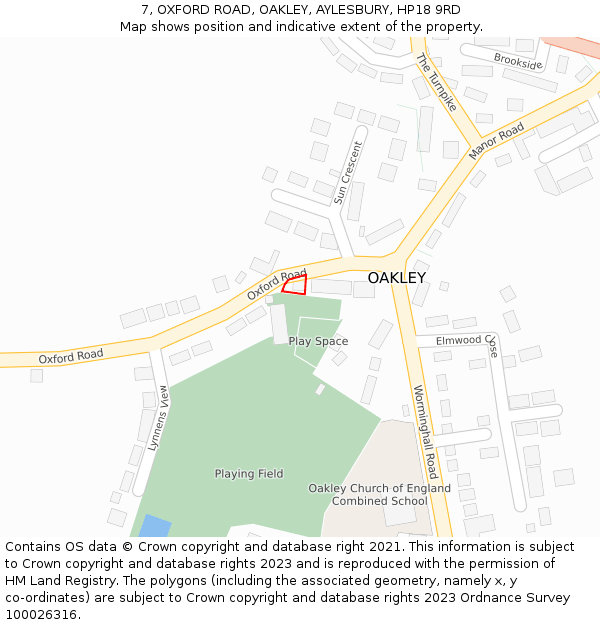 7, OXFORD ROAD, OAKLEY, AYLESBURY, HP18 9RD: Location map and indicative extent of plot