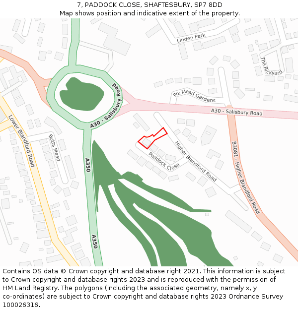 7, PADDOCK CLOSE, SHAFTESBURY, SP7 8DD: Location map and indicative extent of plot