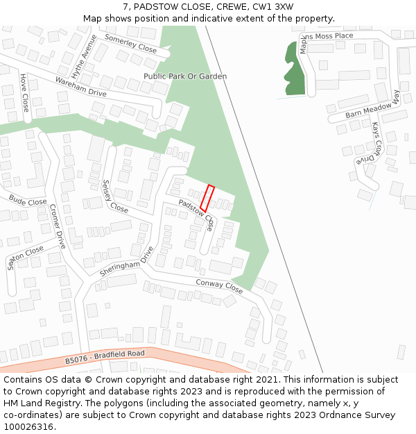 7, PADSTOW CLOSE, CREWE, CW1 3XW: Location map and indicative extent of plot