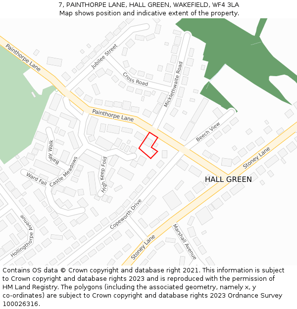 7, PAINTHORPE LANE, HALL GREEN, WAKEFIELD, WF4 3LA: Location map and indicative extent of plot