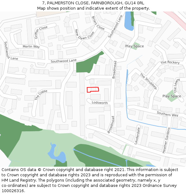 7, PALMERSTON CLOSE, FARNBOROUGH, GU14 0RL: Location map and indicative extent of plot