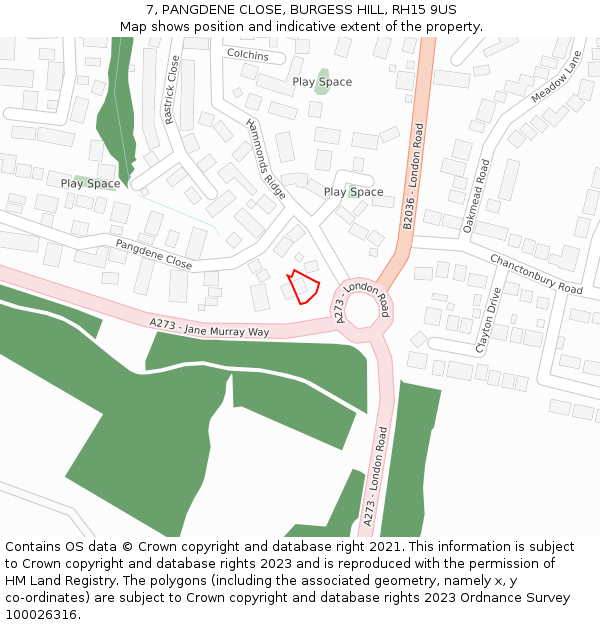 7, PANGDENE CLOSE, BURGESS HILL, RH15 9US: Location map and indicative extent of plot