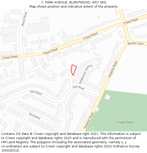 7, PARK AVENUE, BURNTWOOD, WS7 0EG: Location map and indicative extent of plot
