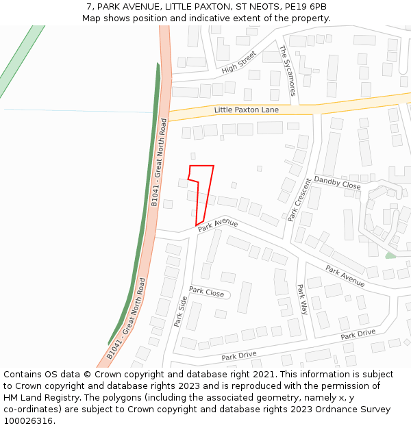 7, PARK AVENUE, LITTLE PAXTON, ST NEOTS, PE19 6PB: Location map and indicative extent of plot