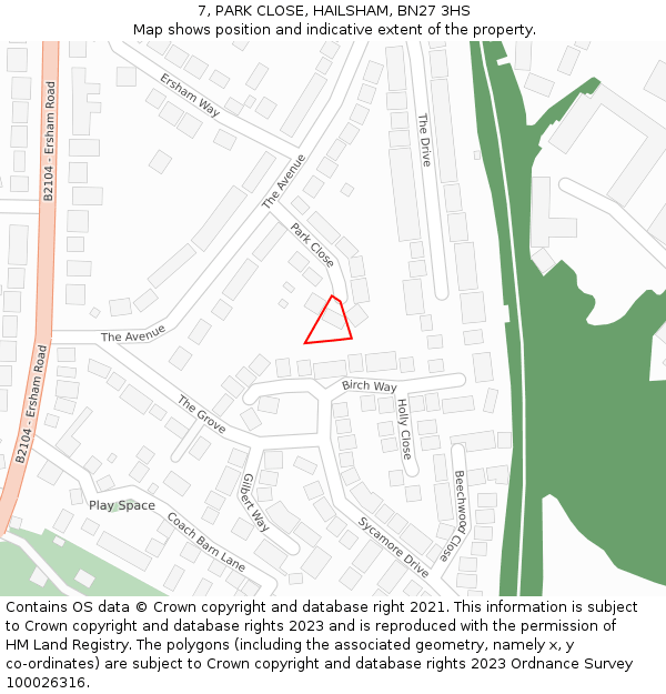 7, PARK CLOSE, HAILSHAM, BN27 3HS: Location map and indicative extent of plot