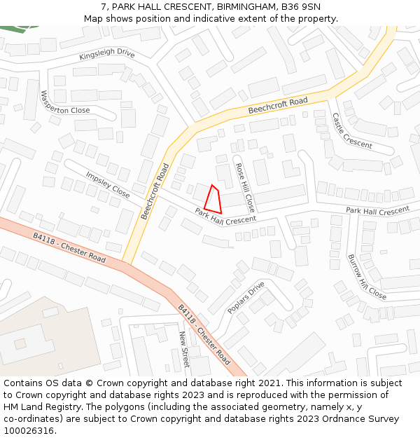 7, PARK HALL CRESCENT, BIRMINGHAM, B36 9SN: Location map and indicative extent of plot