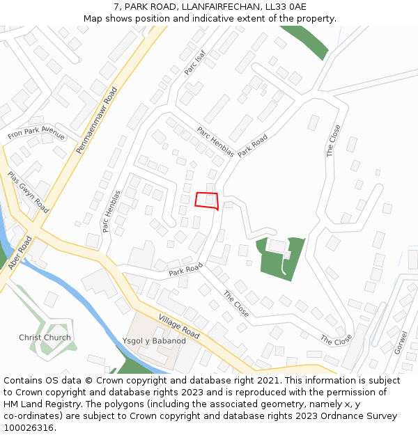 7, PARK ROAD, LLANFAIRFECHAN, LL33 0AE: Location map and indicative extent of plot