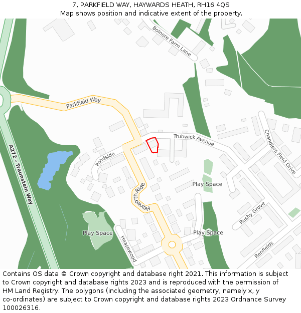 7, PARKFIELD WAY, HAYWARDS HEATH, RH16 4QS: Location map and indicative extent of plot