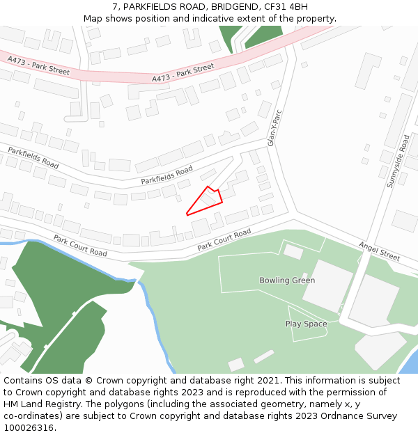 7, PARKFIELDS ROAD, BRIDGEND, CF31 4BH: Location map and indicative extent of plot