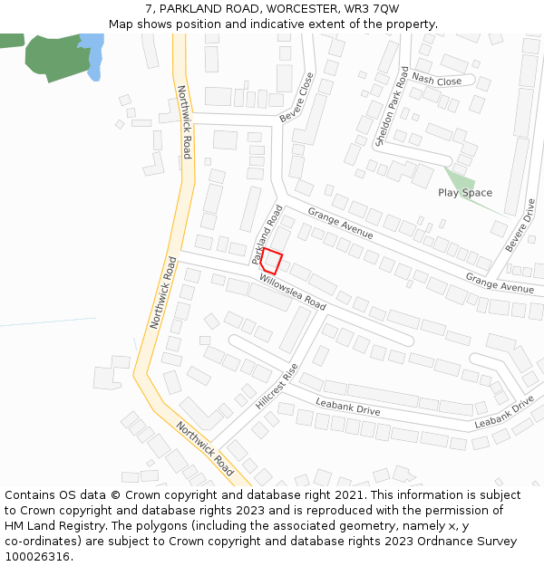 7, PARKLAND ROAD, WORCESTER, WR3 7QW: Location map and indicative extent of plot