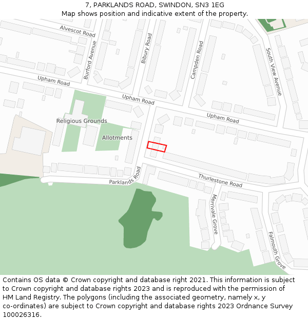 7, PARKLANDS ROAD, SWINDON, SN3 1EG: Location map and indicative extent of plot