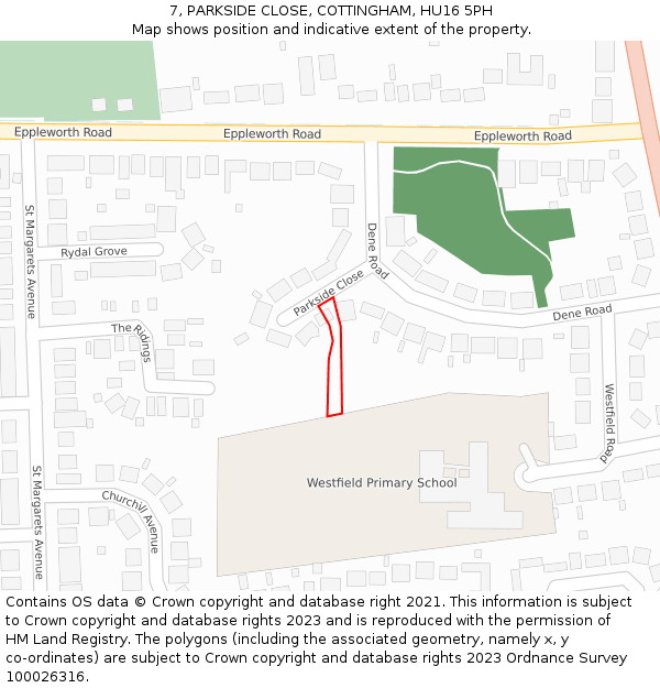 7, PARKSIDE CLOSE, COTTINGHAM, HU16 5PH: Location map and indicative extent of plot