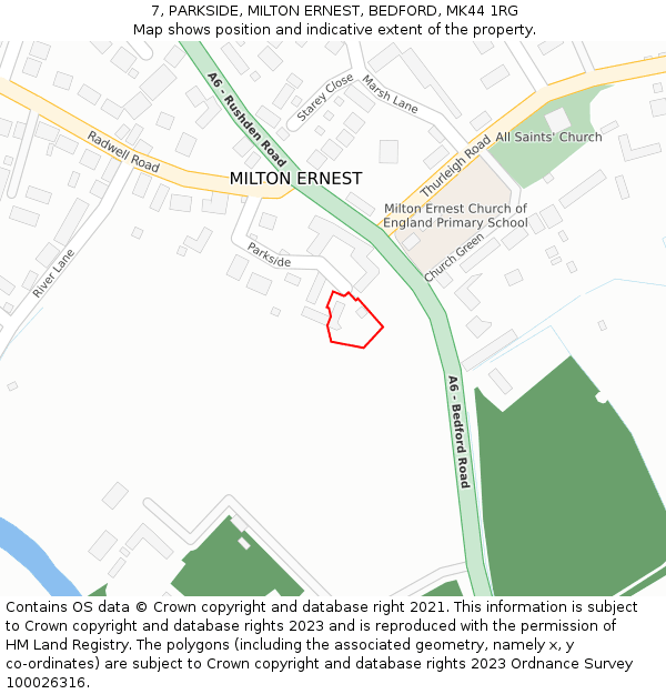 7, PARKSIDE, MILTON ERNEST, BEDFORD, MK44 1RG: Location map and indicative extent of plot