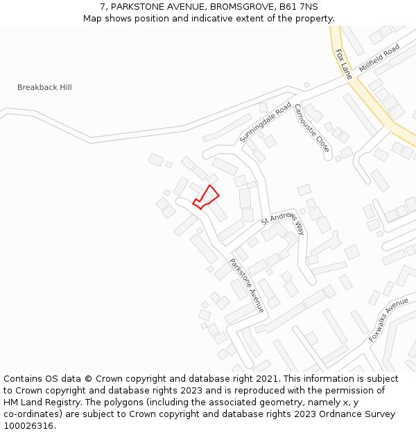 7, PARKSTONE AVENUE, BROMSGROVE, B61 7NS: Location map and indicative extent of plot