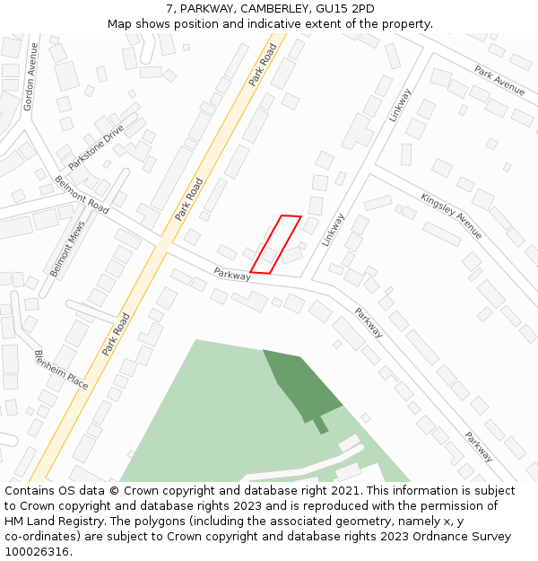 7, PARKWAY, CAMBERLEY, GU15 2PD: Location map and indicative extent of plot