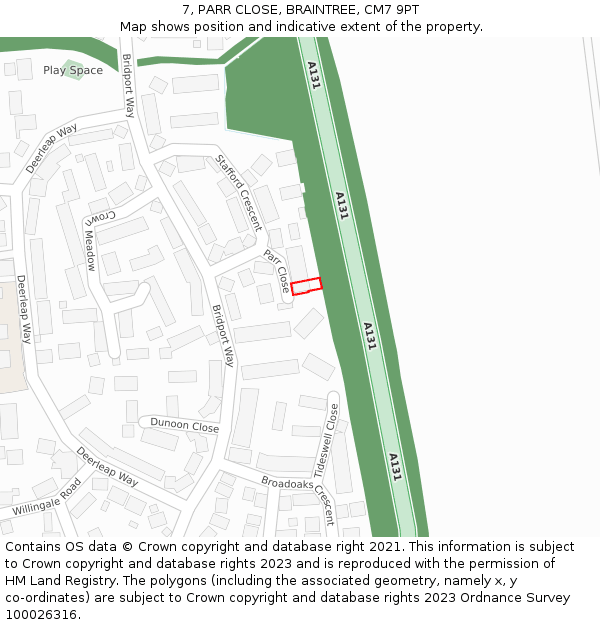7, PARR CLOSE, BRAINTREE, CM7 9PT: Location map and indicative extent of plot