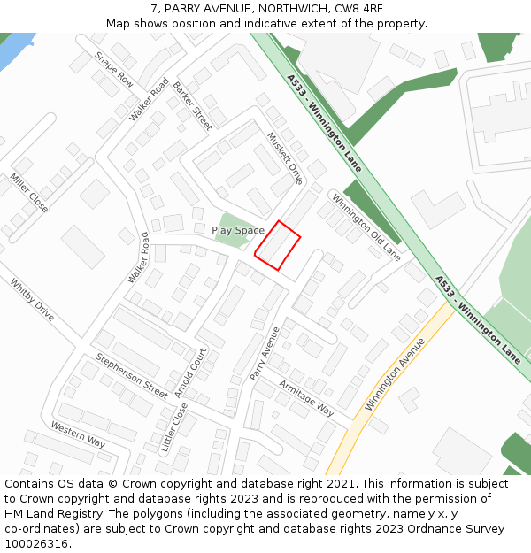 7, PARRY AVENUE, NORTHWICH, CW8 4RF: Location map and indicative extent of plot