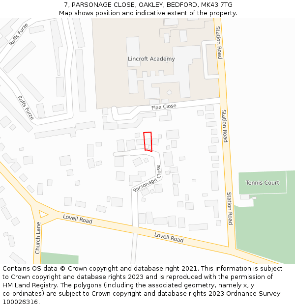 7, PARSONAGE CLOSE, OAKLEY, BEDFORD, MK43 7TG: Location map and indicative extent of plot