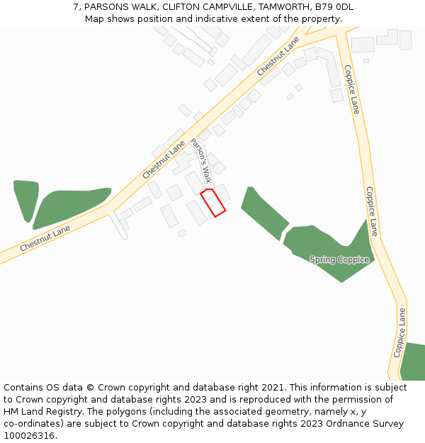 7, PARSONS WALK, CLIFTON CAMPVILLE, TAMWORTH, B79 0DL: Location map and indicative extent of plot