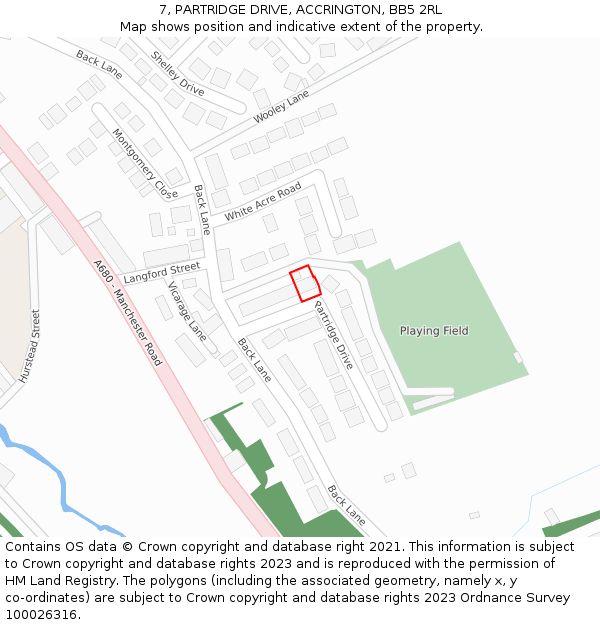 7, PARTRIDGE DRIVE, ACCRINGTON, BB5 2RL: Location map and indicative extent of plot