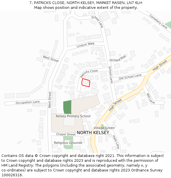 7, PATRICKS CLOSE, NORTH KELSEY, MARKET RASEN, LN7 6LH: Location map and indicative extent of plot