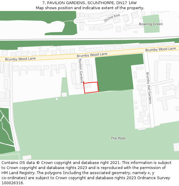 7, PAVILION GARDENS, SCUNTHORPE, DN17 1AW: Location map and indicative extent of plot