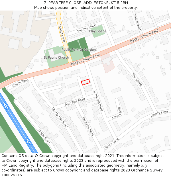 7, PEAR TREE CLOSE, ADDLESTONE, KT15 1RH: Location map and indicative extent of plot