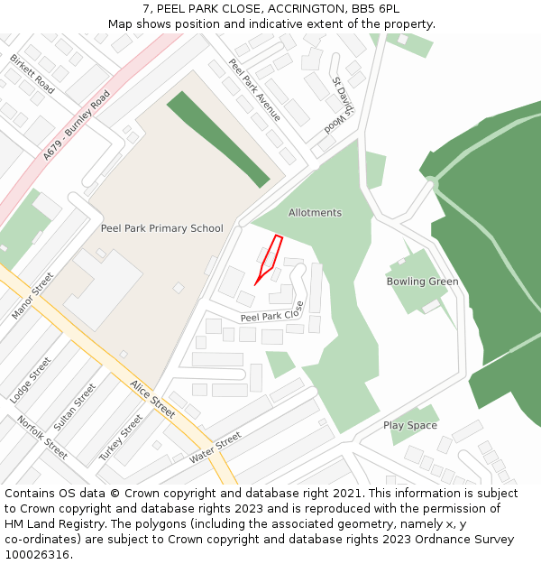 7, PEEL PARK CLOSE, ACCRINGTON, BB5 6PL: Location map and indicative extent of plot