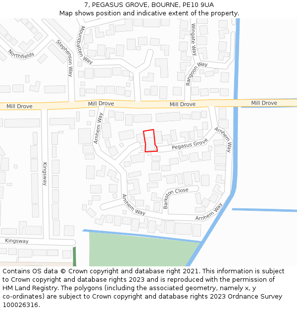 7, PEGASUS GROVE, BOURNE, PE10 9UA: Location map and indicative extent of plot