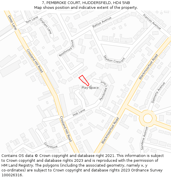 7, PEMBROKE COURT, HUDDERSFIELD, HD4 5NB: Location map and indicative extent of plot