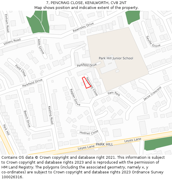 7, PENCRAIG CLOSE, KENILWORTH, CV8 2NT: Location map and indicative extent of plot