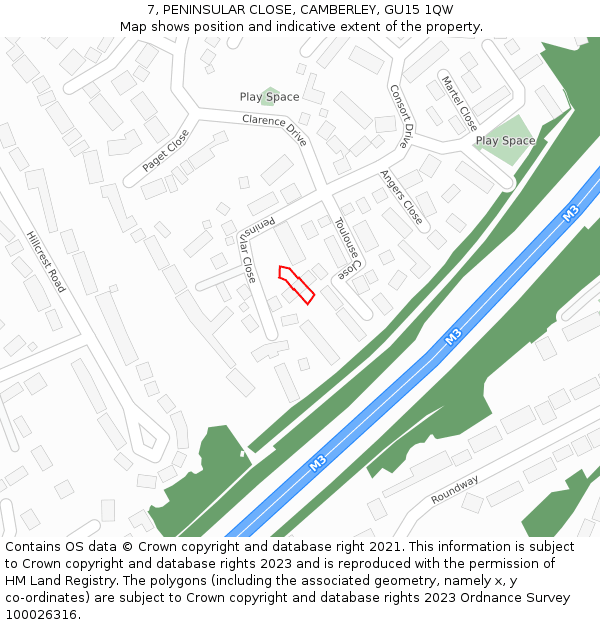 7, PENINSULAR CLOSE, CAMBERLEY, GU15 1QW: Location map and indicative extent of plot