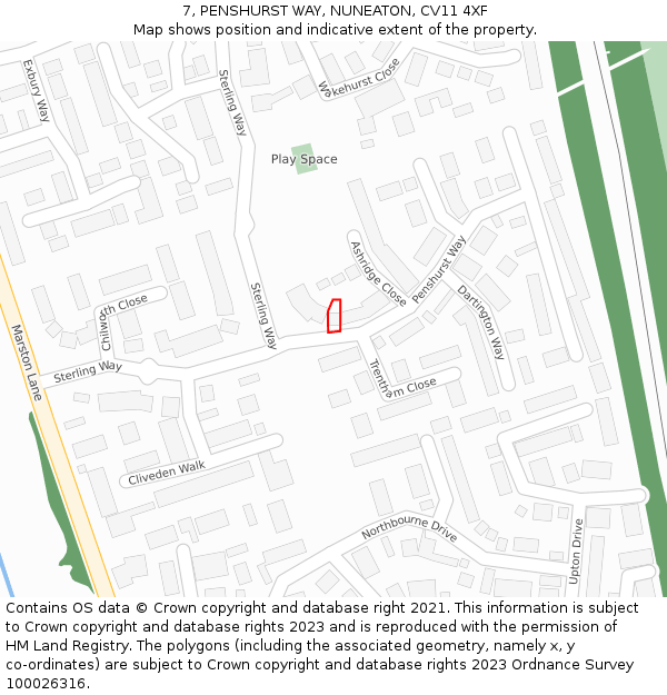 7, PENSHURST WAY, NUNEATON, CV11 4XF: Location map and indicative extent of plot