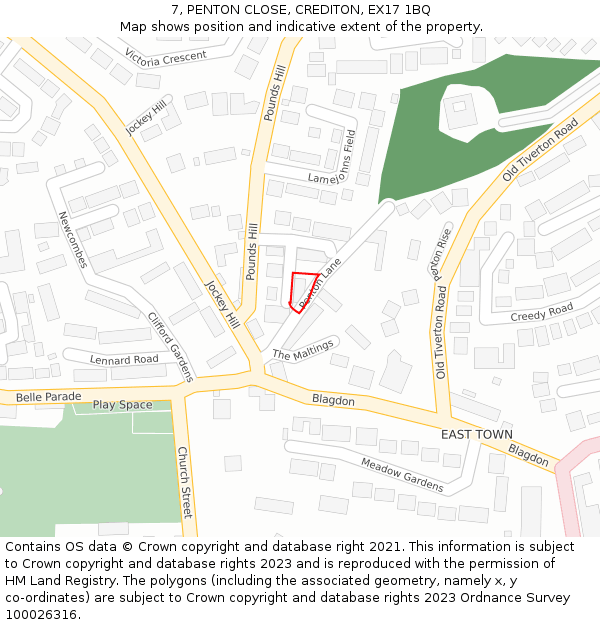 7, PENTON CLOSE, CREDITON, EX17 1BQ: Location map and indicative extent of plot