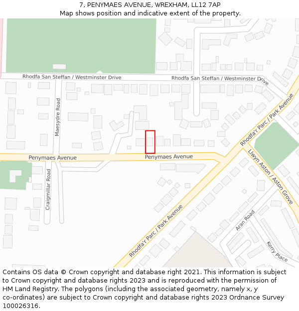 7, PENYMAES AVENUE, WREXHAM, LL12 7AP: Location map and indicative extent of plot