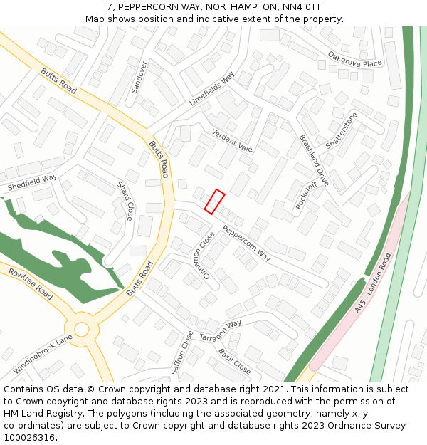 7, PEPPERCORN WAY, NORTHAMPTON, NN4 0TT: Location map and indicative extent of plot