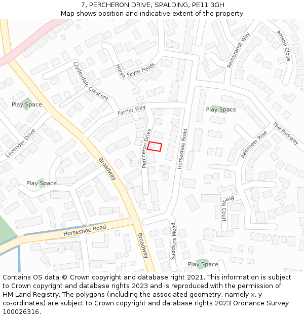 7, PERCHERON DRIVE, SPALDING, PE11 3GH: Location map and indicative extent of plot