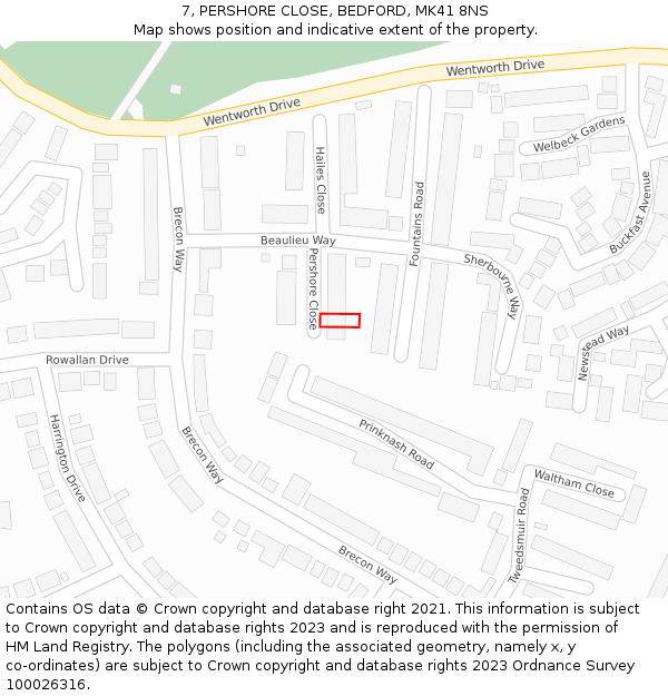 7, PERSHORE CLOSE, BEDFORD, MK41 8NS: Location map and indicative extent of plot