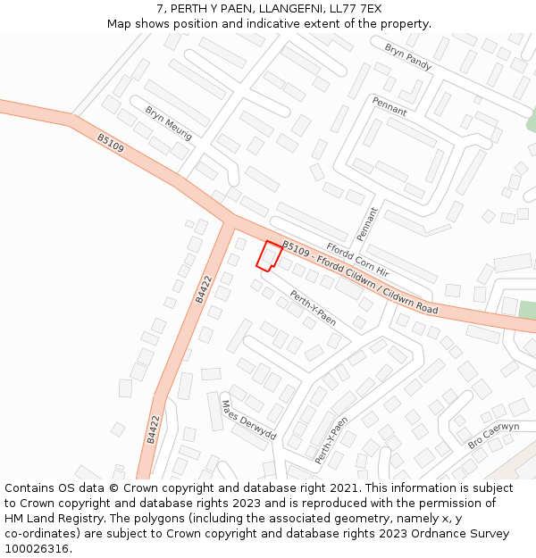 7, PERTH Y PAEN, LLANGEFNI, LL77 7EX: Location map and indicative extent of plot