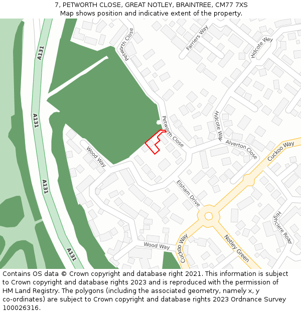 7, PETWORTH CLOSE, GREAT NOTLEY, BRAINTREE, CM77 7XS: Location map and indicative extent of plot